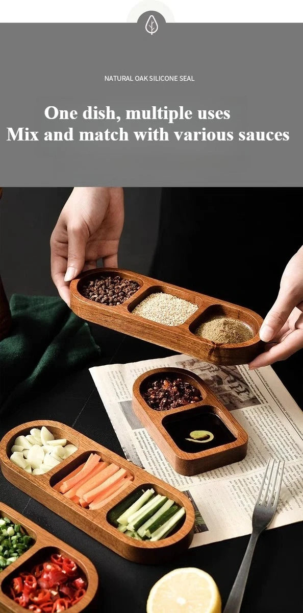 Seasoning Wood Snack Plate with Compartments 2/3/4 Grids Fruit Snacks Food Storage Trays Sauce Plate Kitchen Accessories 일본 주방용품.