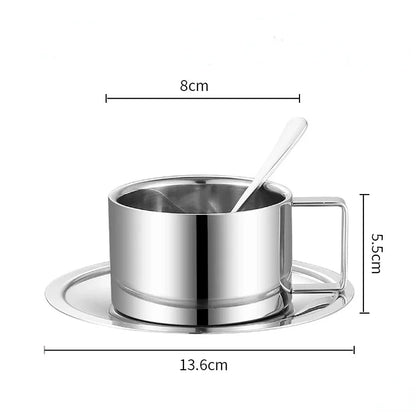 1Set Stainless Steel Coffee Cup Set Double Walled Heat Resistant Mug with Saucer Spoon Drink Tableware Kitchen Cafe Accessories.