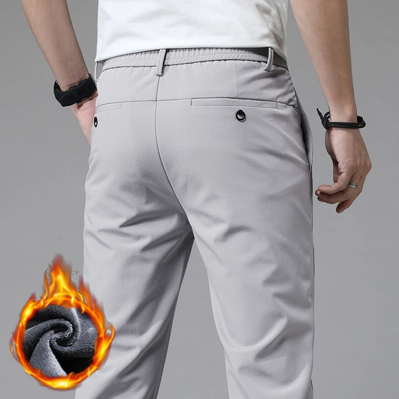 Korean Men's Warm Golf Pants Slim Straight Winter Thick Fleece Casual Pants Business Fashion Stretch Thermal Trousers Male.