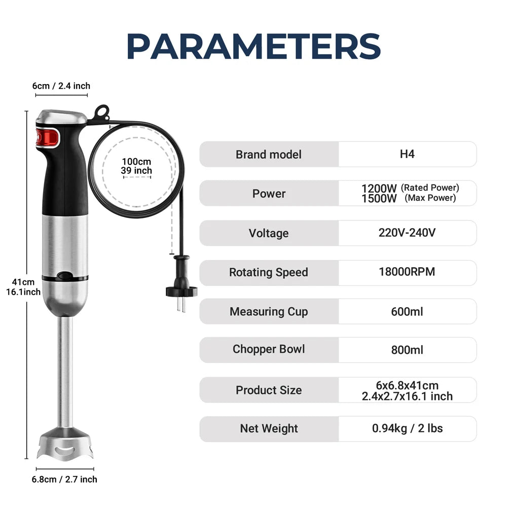 Electric Hand Held Stick Blender 6-in-1 Multi-Purpose Immersion Hand Blender,Stainless Steel Blades,Home & Kitchen,MAX 1500W.
