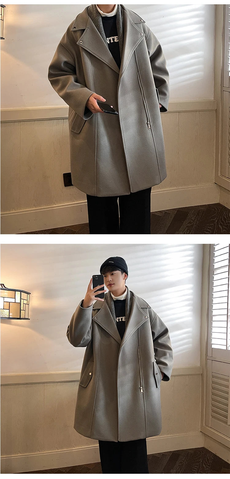 Winter Fashion Woolen Dust Coats Men Zipper Decor High Quality Korean Style Loose Casual Windbreaker Men's Thick Warm Trenchcoat.