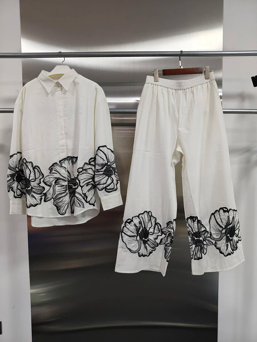 TWOTWINSTYLE Hit Color Loose Casual Two Piece Set For Women Lapel Long Sleeve Loose Top High Waist Temperament Pant Sets Female.