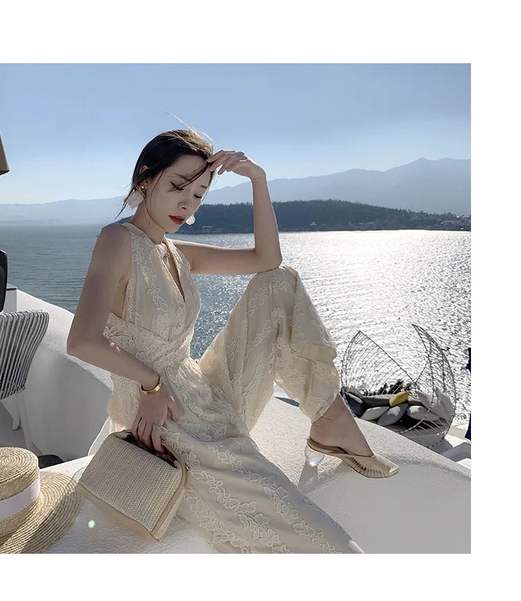 Women Beige Elegant Backless Pleated Lace Jumpsuit Summer V Neck Sleeveless High Waist Wide Leg Long Pant Rompers Sexy Club Chic.