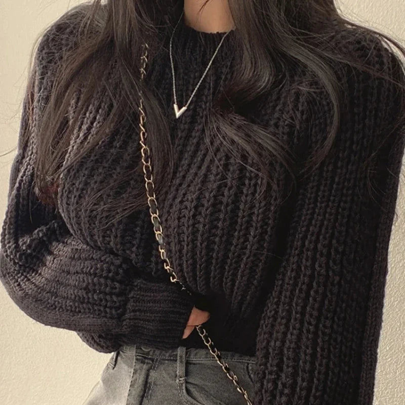 Lose Vintage Harajuku Laterne Langarm Frauen Pullover Koreanische Herbst Winter Strickwaren Weiche Warme Tops Chic Solide Femme Pullover.