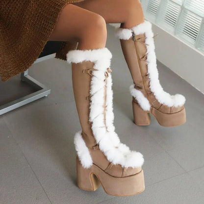 GIGIFOX Fur Super Chunky High Heel Platform Mid-Calf Boots For Women Faux Suede Round Toe Side Zipper Lace-Up Warm Casaul Boots.