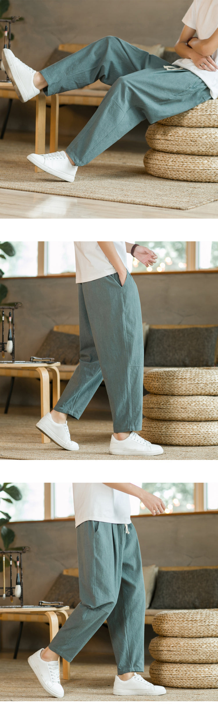 Men's Trousers Cotton Linen Fashion Casual Pants Solid Color Breathable Loose Shorts Straight Drawstring Pants Streetwear Men.
