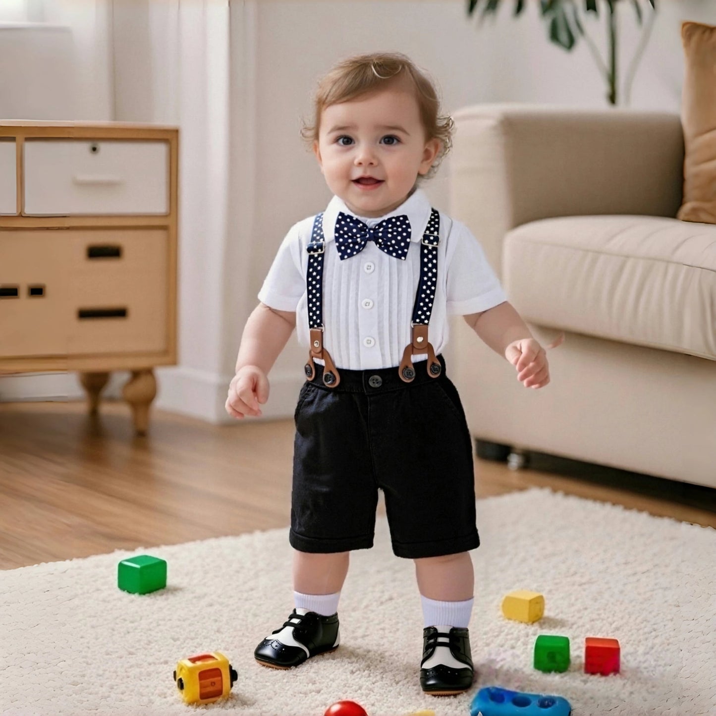Black & White Classic Baby Boy Clothes Strap Set for Infant 1st Birthday Party Summer Short Sleeve Romper with Solid Shorts Suit.