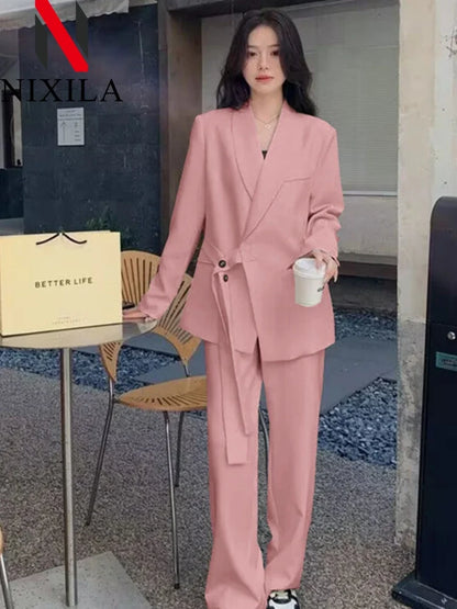 Women's Fashion Office Suit Set Casual Oversized Blazer And Wide Leg Pants Two-Piece Long Sleeve Top Bottoms Combo.