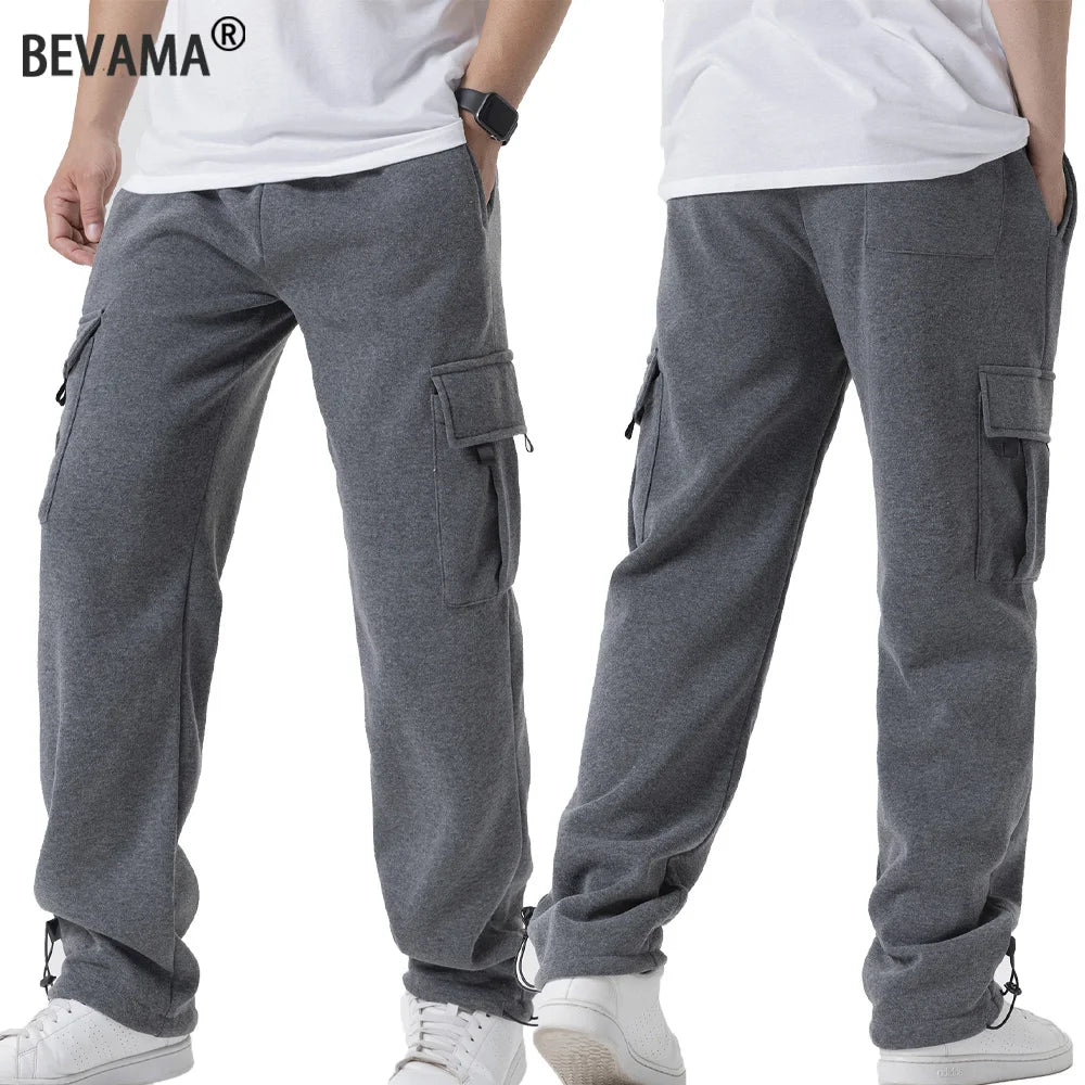Mens Sweatpants Straight Fit Casual Pants Autumn Winter Men Running Jogger Sports Gym Trousers Solid Color Multi-pocket Pants.