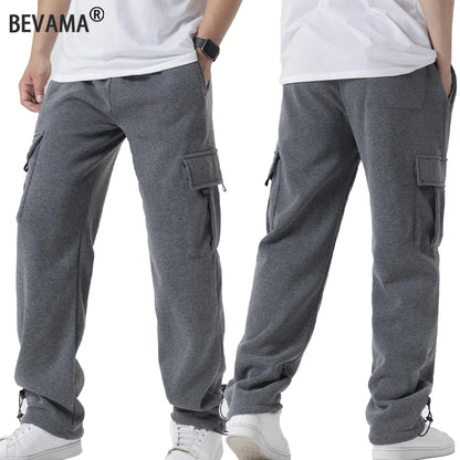 Mens Sweatpants Straight Fit Casual Pants Autumn Winter Men Running Jogger Sports Gym Trousers Solid Color Multi-pocket Pants.