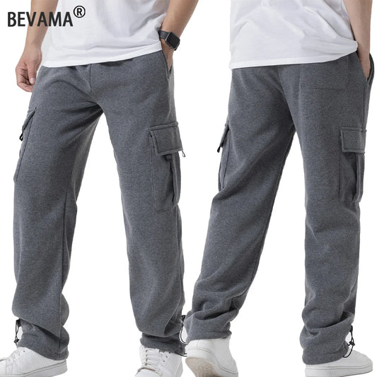 Mens Sweatpants Straight Fit Casual Pants Autumn Winter Men Running Jogger Sports Gym Trousers Solid Color Multi-pocket Pants.
