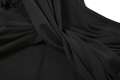 kliou Classic Solid Women Bodysuits Autumn All-matched Stacked Ruched Incline Shoulder Skinny Rompers Female Trend Street  Tops.