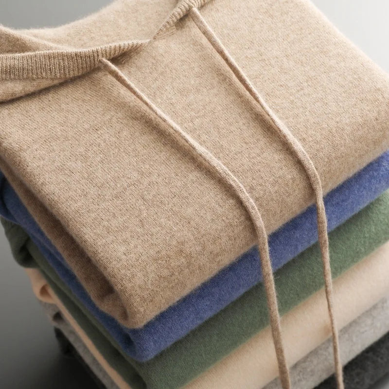 Autumn Winter New Merino Sweater Men's 100% Wool Hooded Collar Knitted Pullover Casual long Sleeved Hoodie.