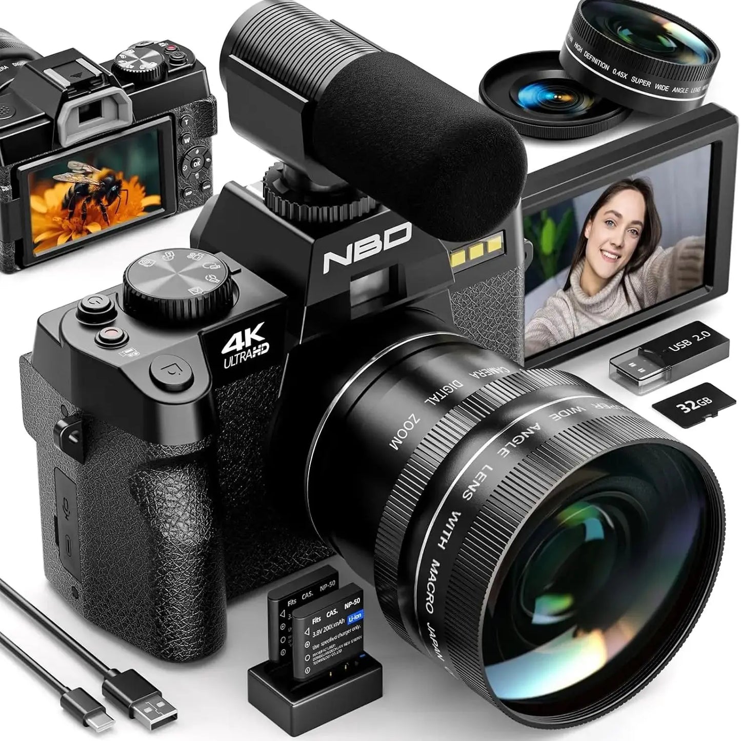 NBD 4K Digital Cameras for Photography,48MP Camera,Travel Vlogging Cameras with 16X Digital Zoom,180°Flip Screen,52mm Macro Lens.