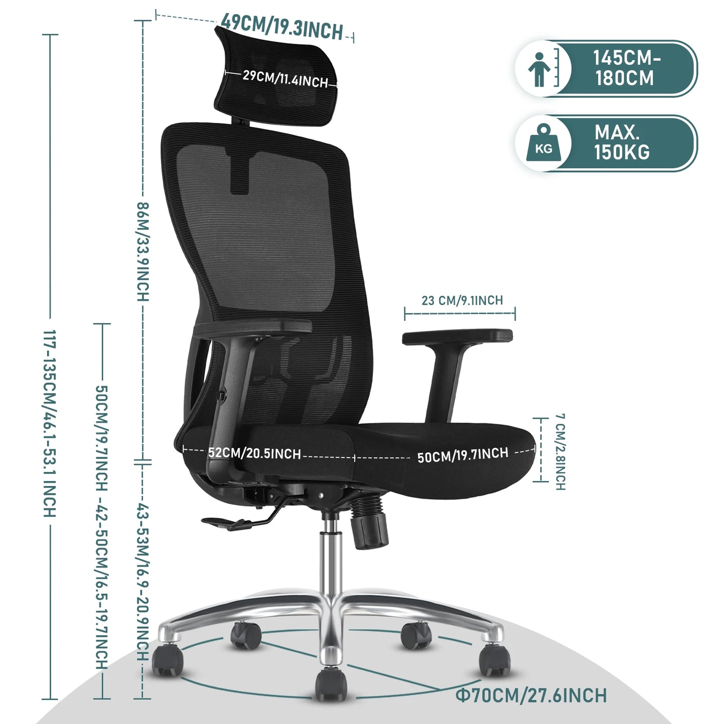 Durrafy Ergonomischer Bürostuhl, Schreibtischstuhl mit verstellbarer Kopfstütze, Armlehnen und Lordosenstütze, Netzdrehstühle, Schwarz