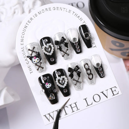 24Pcs 3D kuromi press on nails Y2K Cartoon Handmade Fake Nails Black Gel nail Wearable Nails Cinnamoroll Melody Anime False Nail