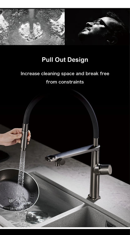 AITANA Luxury Brass Gun Grey Pull out 2-Function Kitchen Faucet Single Handle Cold and Hot Water Pure Water Design Sink Tap