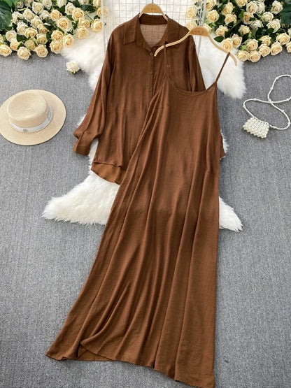 Muslim Women Shirt Dress Two Piece Set Solid Modest Suits Ramadan Musulman Ensemble Morocco Dubai Abayas Islam Outfits Jalabiya.