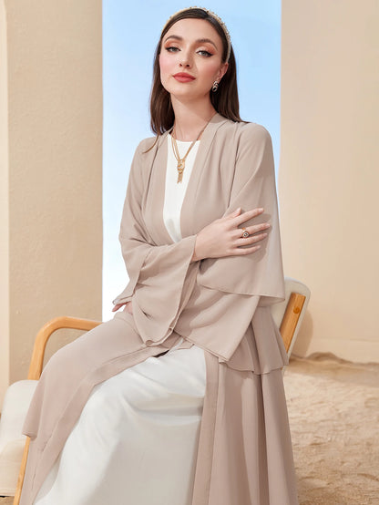 Ramadan kebaya Layered Open Front Abaya, Long Sleeve Dress With Belted , Without Hijab, Women's Clothing.