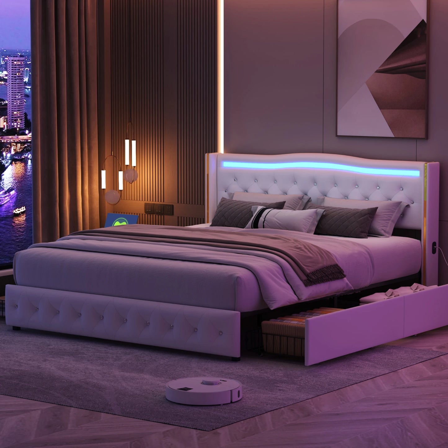 Rosahqnda Modernes Doppelbettgestell aus weißem PU-Leder, vergoldetes Kopfteil mit vier Schubladen ohne Matratze