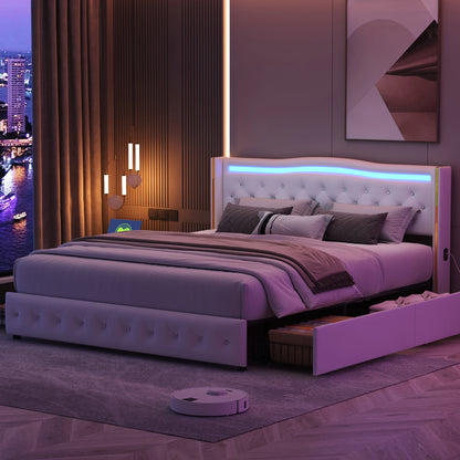 Rosahqnda Modernes Doppelbettgestell aus weißem PU-Leder, vergoldetes Kopfteil mit vier Schubladen ohne Matratze