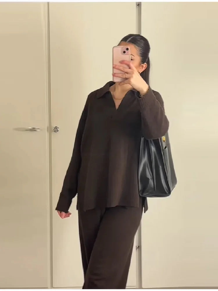 Casual Simple Loose Sweater Trousers Set Solid Color Retro Versatile Comfortable Streetwear Top Pants Commuting Women's Outfit.