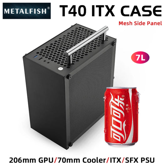 METALFISH T40 Mini ITX Black Case 7L Gaming Computer Chassis Compact transparent PC Support SFX PSU/70mm Cooler With Handle.
