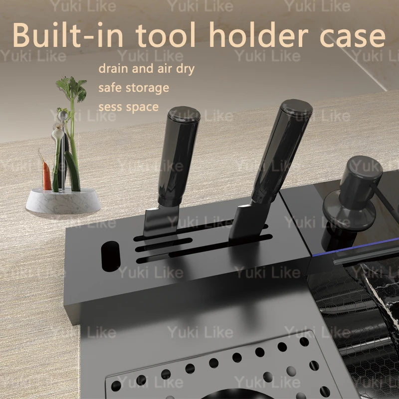 Stainless Steel Kitchen Sink With Waterfall Cup Washer Knife Rack Embossed Extra Large Single Slot Apartment Left Side Drainage