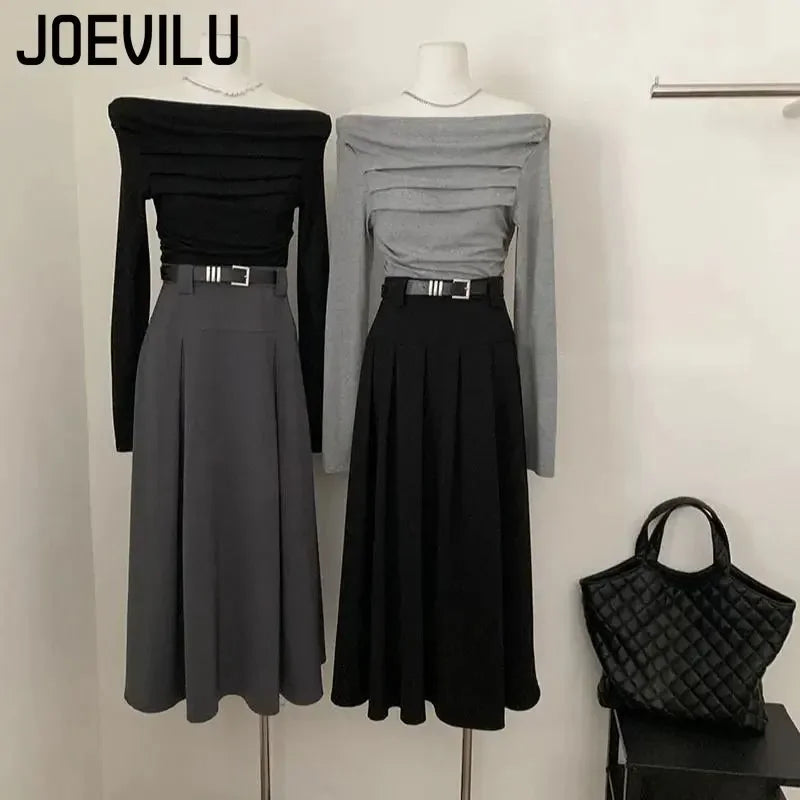 JOEVILU Pleated Off Shoulder Crop Tops Women's Slim Fit Long Sleeve T-shirt Korean Fashion Niche Base Shirt Aesthetic Clothes.