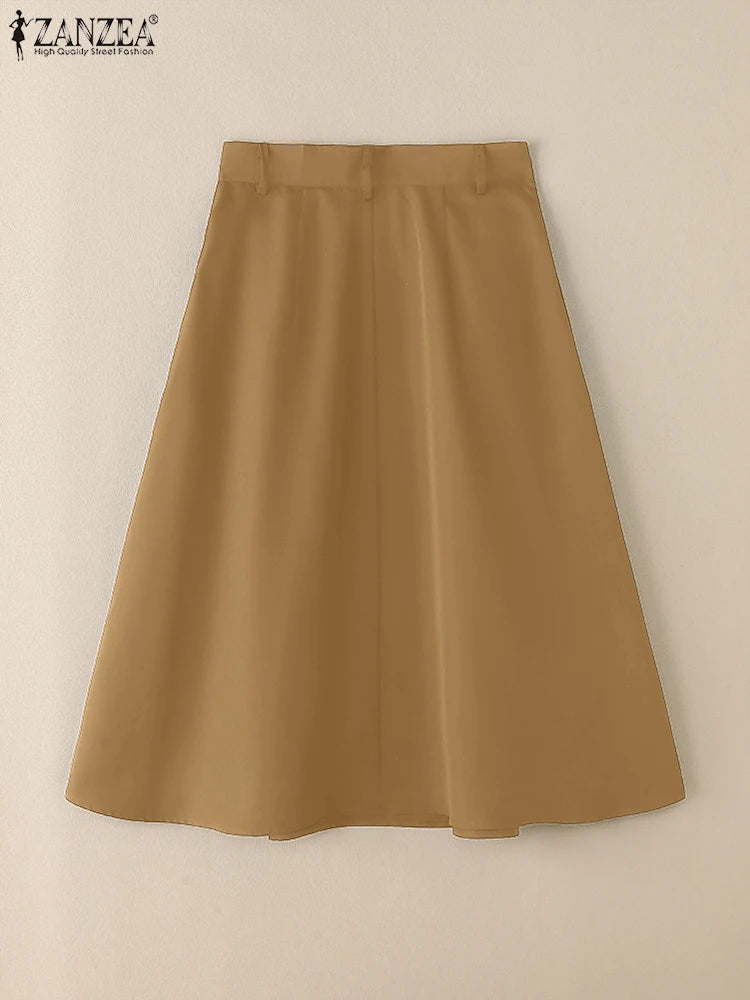 ZANZEA Summer Solid Midi Skirt Elegant Women High Waist Work OL Skirts Fashion A-line Jupes Stylish Party Faldas Saia  Plus Size.
