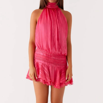 Frauen Sexy Halter Rüschen Mini Kleid Lace Up Backless Strand Party Kleider 2025, Sommer Mode Urlaub Dame Cocktail Vestidos.