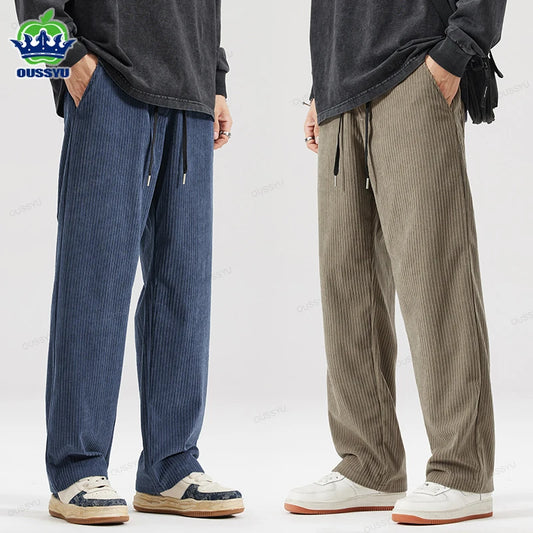 OUSSYU Brand Autumn Winter Men's Stripe Corduroy Pants Elastic Waist Drawstring Straight Thick Outdoors Loose Casual Trousers.
