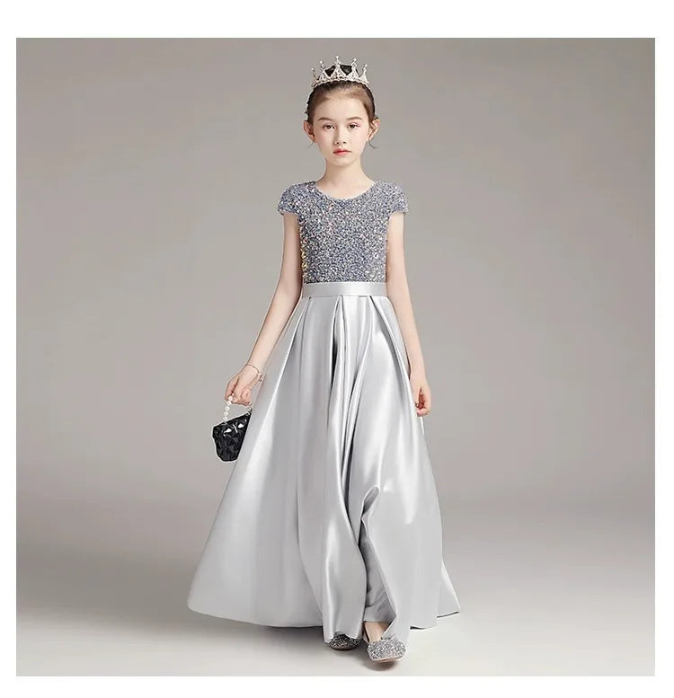 Mädchen-Klavierkleid, graues Pailletten-langes Performance-Kleid, Prinzessinnenkleid, Kinder-Host-Show-Performance-Kleid, Sommer.