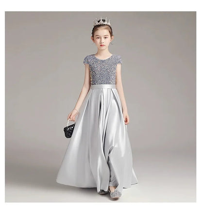 Mädchen-Klavierkleid, graues Pailletten-langes Performance-Kleid, Prinzessinnenkleid, Kinder-Host-Show-Performance-Kleid, Sommer.