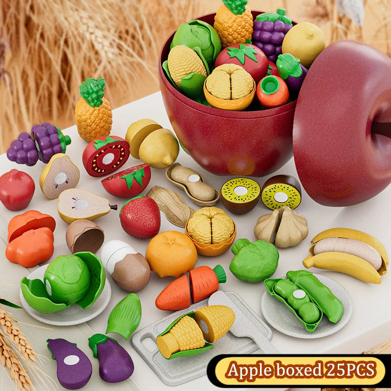 Kid Pretend Play Kitchen Toy Set Simulation Cut Fruit Vegetables Sensory Game Make Pizza Food Cook Girl Interactive Education To.