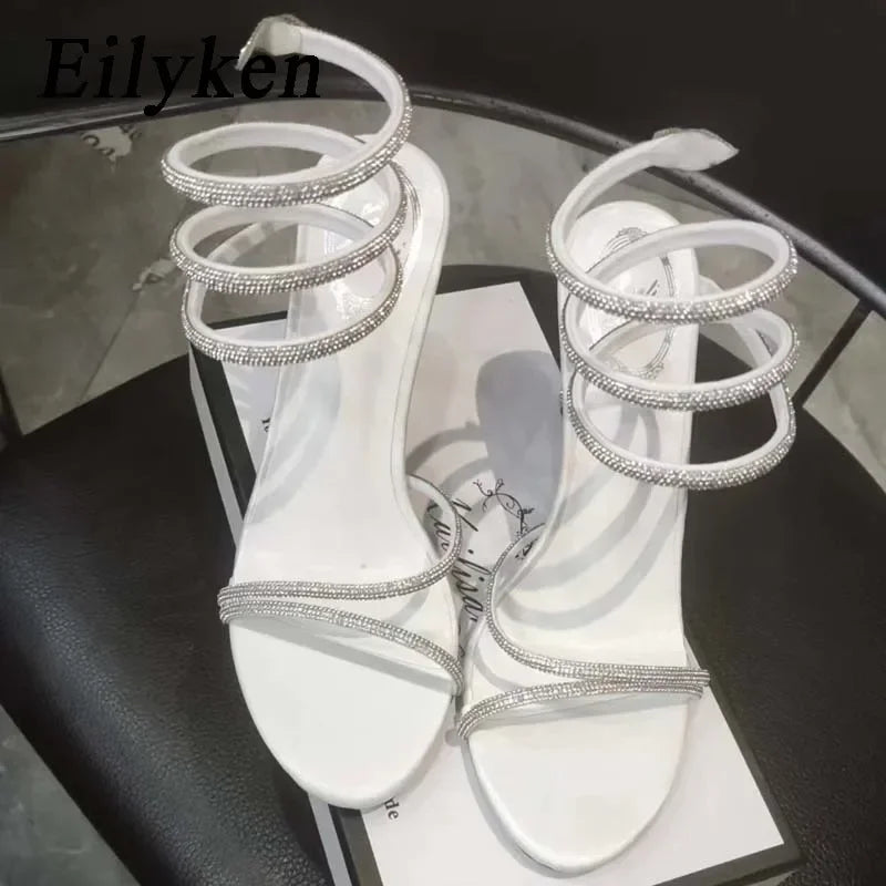 Eilyken Fashion Crystal Stiletto High Heels Woman Sandals Street Style Sexy Open Toe Wedding Party Prom Ankle Strap Shoes.