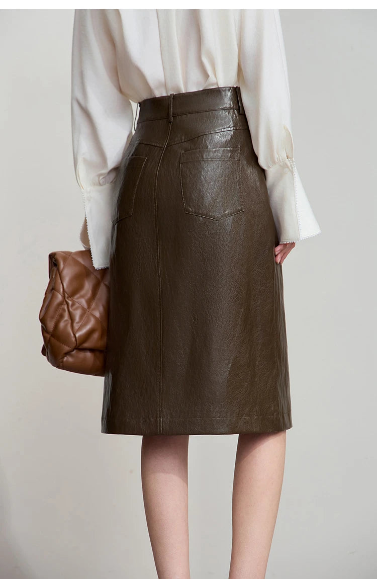 AMII Minimalist PU Leather Skirt For Women 2025 American Retro Knee-Length Skirt Solid Basics Business Women's Clothing 12553014.