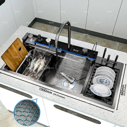 Wasserfall-Edelstahl-Küchenspüle, multifunktionale Digitalanzeige, Wasserhahn, Waschbecken und Gemüsebecken, großer Einzelschlitz
