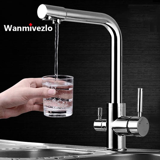 Filter Kitchen Faucet Chrome Drinking Pure Water Kitchen Tap Deck Mounted Dual Handles 3-Ways Hot and Cold Water Mixer