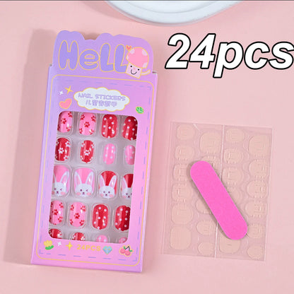 120pcs/box Pink Cartoon Children Press On Nails Candy Color Unicorn Cat Bunny Kids Full Cover False Nail Girls Party Nail Decora