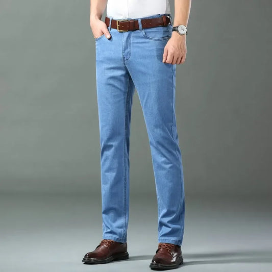 New Ice Silk Thin Denim Jeans For Men Blue Straight Stretch Cotton Pants Business Casual Lightweight Trousers Spring Summer.