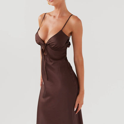 Combhasaki Damen-Kleid, elegant, einfarbig, verstellbar, dünn, Schultergurte, Ausschnitt, zum Binden vorne, rückenfrei, Sommer, langes Cami, seidiges Kleid.