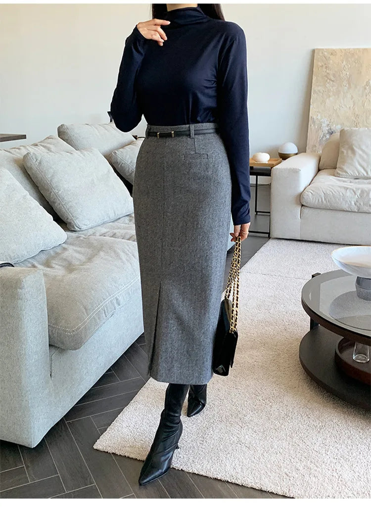 Gray Pencil Skirts Belted Elegant Women Slim Office Ladies Casual A-Line High Waist Split Midi Skirt Autumn Winter.