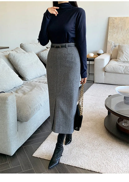 Gray Pencil Skirts Belted Elegant Women Slim Office Ladies Casual A-Line High Waist Split Midi Skirt Autumn Winter.