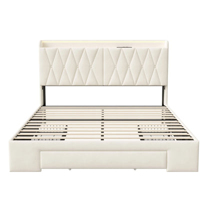 Lazyspace 140 x 200 cm großes Doppelbett mit Kopfteil, gepolstertes Bett mit 3 Schubladen, LED-Beleuchtung, USB Typ C, Samt, Beige, keine Matratze