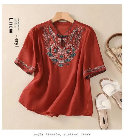 Retro Chinesischen Stil Lose Fit Baumwolle Leinen Kurzarm Shirt frauen Sommer Schwere Stickerei Abnehmen Top Flagge Kleid