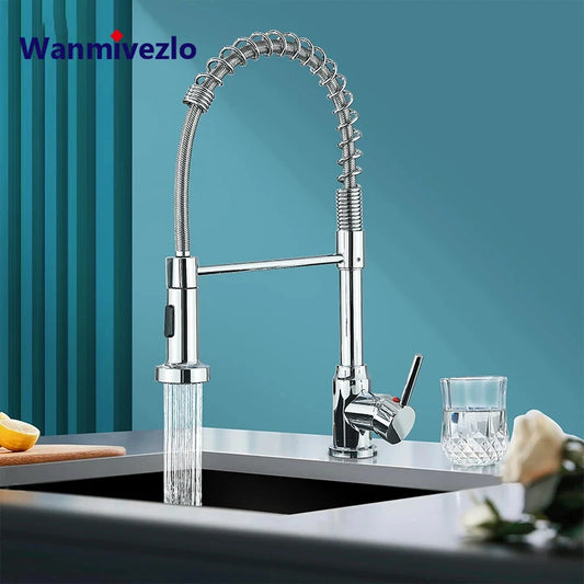 Spring Pull Down Kitchen Faucets Stream Spray Head Hot Cold Water Tap Stainless steel Rotation Kitchen Mixer Tap Crane