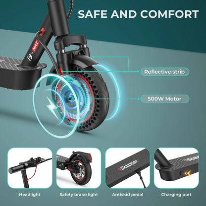 ISCOOTER I9 MAX Adult Electric Scooter 500W motor E-Scooter 36V10AH 10" Honeycomb Solid Tires Foldable EScooter.