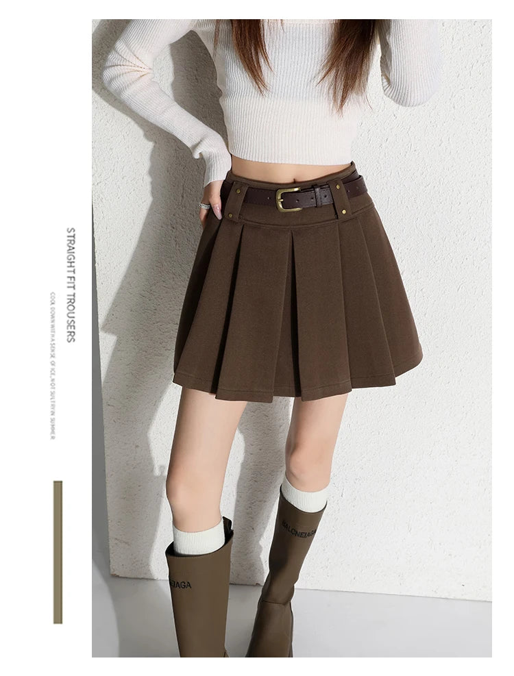 Preppy Style Coffee Woolen Skirt for Women Autumn Winter 2025 Chic High-waisted Mini Skirt Female Korean Thick Outwear Faldas.