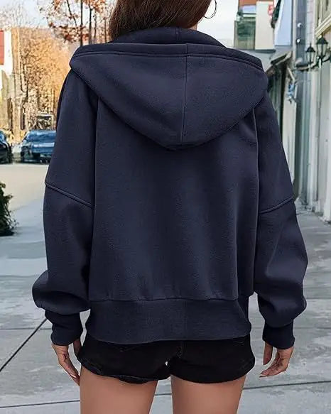 New Solid Color Zipper Splicing Hooded Coat, Women's Autumn Leisure Loose Sports Hooded Long Sleeve Coat Sweatshirt.